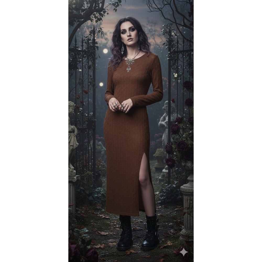 Oak & Trellis Rust Brown Textured Knit Maxi Dress L Earthy Boho Whimsigoth Witch